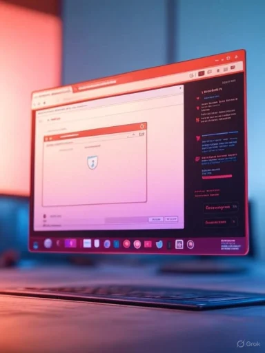 A laptop screen displays a hacking or cybersecurity interface with red and dark-themed elements.