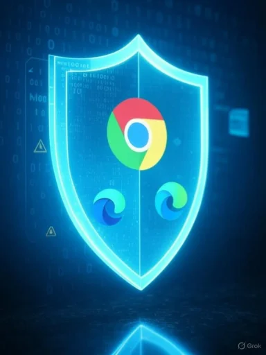 A digital shield emblem featuring the Chrome logo at the center and two Microsoft Edge icons, symbolizing cybersecurity.