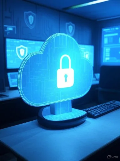 A digital cloud with a padlock icon symbolizes cybersecurity and data protection in a high-tech office setting.