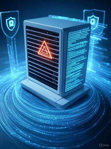 A data server with a warning alert, surrounded by digital security icons and glowing light trails, suggesting cybersecurity threats.