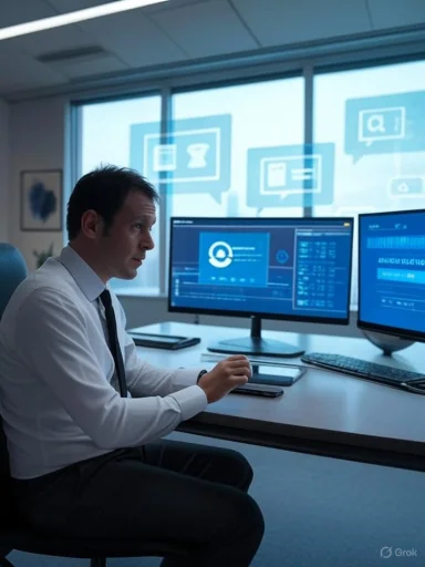 A businessman working on cybersecurity or IT analysis in a modern office with multiple screens displaying data.