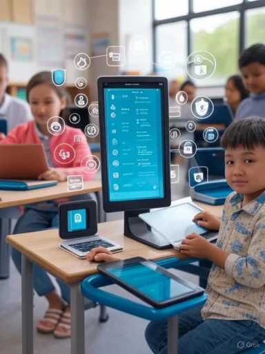 Young students in a classroom use digital devices as educational technology icons hover over the scene.