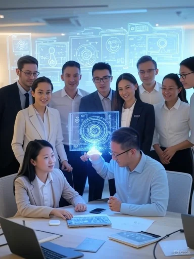 A diverse team of professionals collaborates around advanced holographic technology in a modern office.