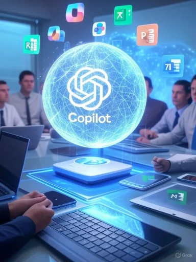 Team meeting around a holographic Copilot globe with floating app icons. Team meeting around a holographic Copilot globe with floating app icons.