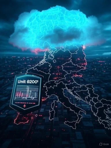 Neon-lit map of Europe with a glowing blue cloud and a badge reading Unit a200.