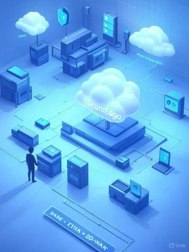 Isometric cloud-edge data center connected by a secure network.