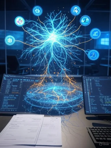 A futuristic neon neural network projection rises from a circular base over a desk.