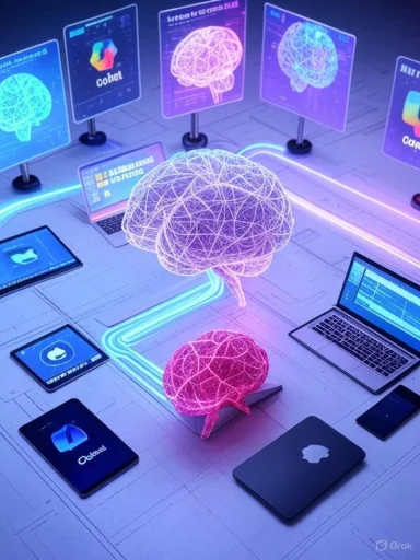 Futuristic lab scene with glowing neural brain models linked to laptops and holographic screens.