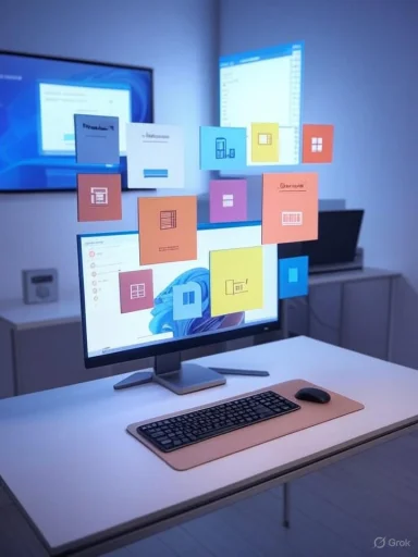 A modern workspace with a monitor, keyboard, mouse, and colorful sticky notes floating in front.