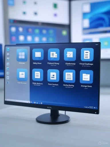 A modern monitor on a stand displays a grid of blue app icons.