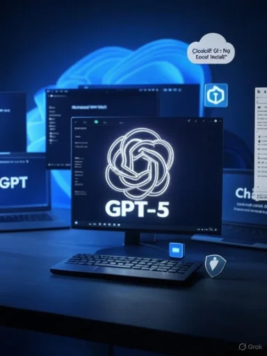 A futuristic desk setup with a monitor displaying the GPT-5 logo in neon on a blue background.