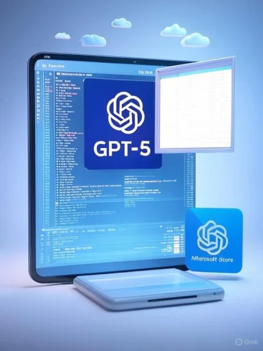 GPT-5 AI interface on a tablet, with a floating window and a Microsoft Store badge.