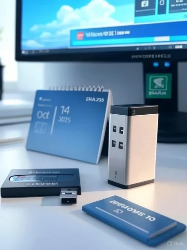 A sleek desk setup featuring a metal USB hub, an external drive, a blue calendar, and a monitor.