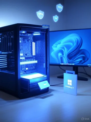 Blue-lit PC tower with the side panel open, showing the internals, beside a Windows 11 badge and monitor.