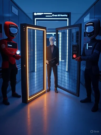 A suited man passes between glowing doorway panels guarded by two armored figures in a futuristic corridor.