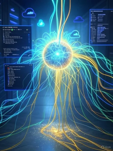 Glowing neural-network sphere with multicolored data streams in a high-tech data center.