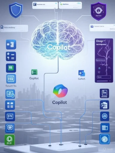 A futuristic brain-powered Copilot infographic linking a network of apps and tools.