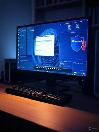 Blue-lit monitor shows multiple windows on a desk.