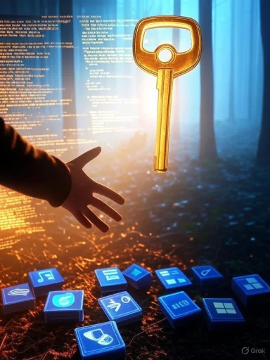 A golden key floats in a forest scene as a hand reaches toward it, above glowing blue app icons.