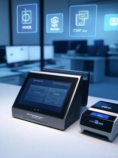 A futuristic bank counter with a large touchscreen terminal and overhead holographic interfaces.
