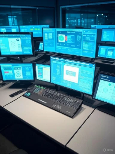 Multiple blue-lit monitors display dashboards in a high-tech control room.