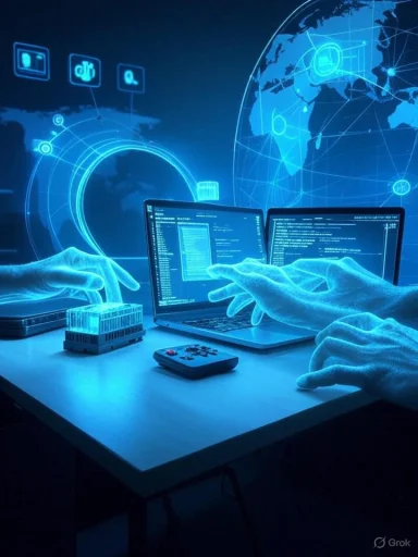 Two hands typing on laptops in a neon blue cyberspace scene with a glowing globe.
