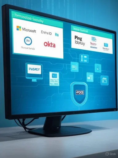 A computer monitor on a desk displays a blue security infographic with identity logos. A computer monitor on a desk displays a blue security infographic with identity logos.