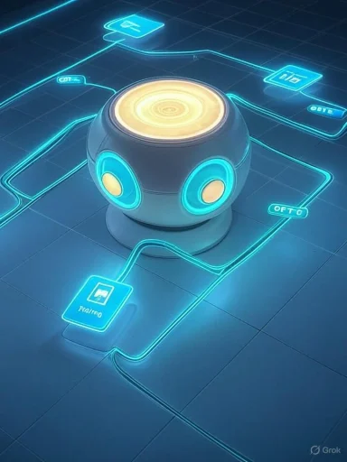 A futuristic glowing robot orb connected to neon circuit lines on a digital grid. A futuristic glowing robot orb connected to neon circuit lines on a digital grid.