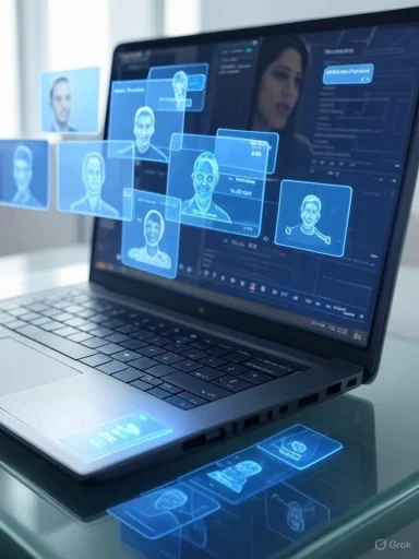 Futuristic laptop projecting floating blue biometric face IDs holograms.