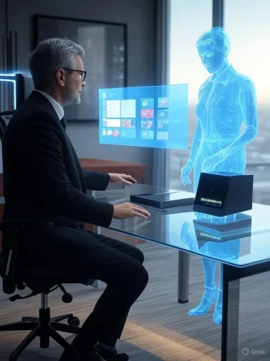 A businessman interacts with a blue holographic assistant beside his glass desk.