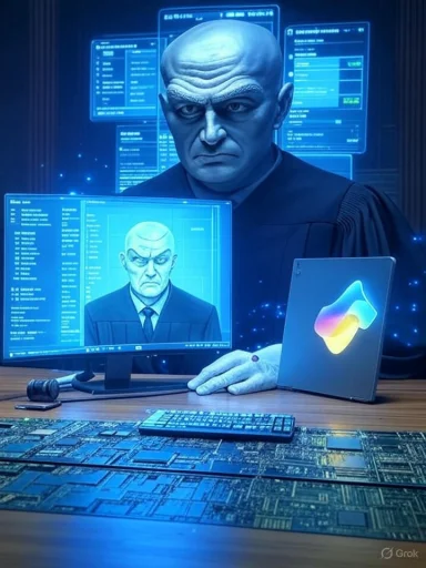 A grim, bald figure in a dark robe oversees holographic screens at a high-tech control desk.