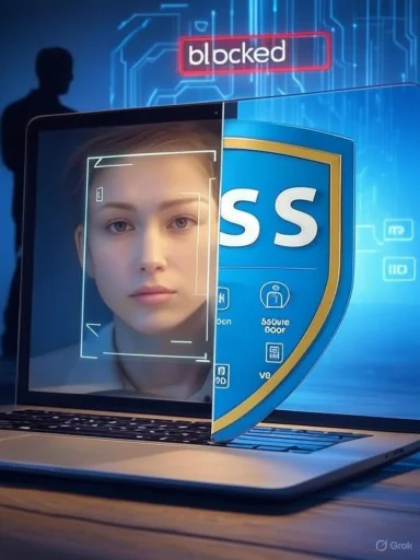 A laptop displays a facial-recognition overlay with a security shield, symbolizing blocked cyber threats.