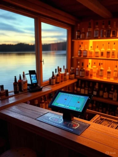 Cozy lakeside bar at sunset, featuring a touchscreen register and warm, bottle-filled shelves.