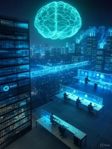 A blue-lit futuristic command center above the city, with a glowing brain hologram overhead.