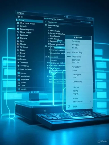 Futuristic blue-lit computer setup with holographic screens.