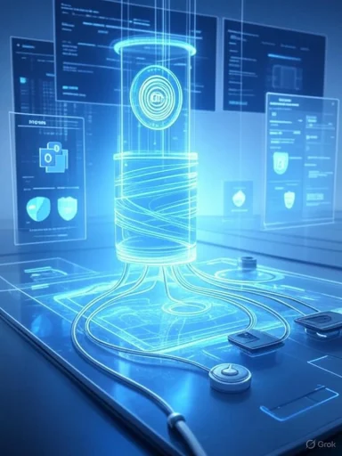 A futuristic holographic data cylinder glows blue, with neon-lit cables and floating UI panels.