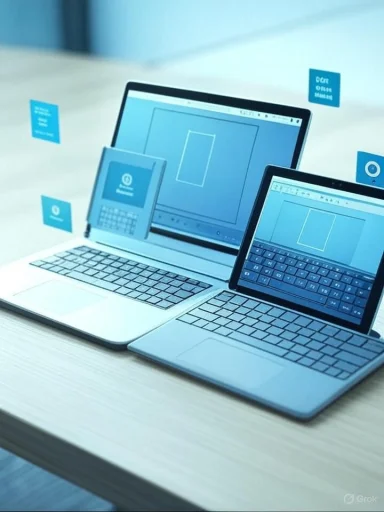 Two laptops on a desk display blue wireframe designs with floating sticky notes.