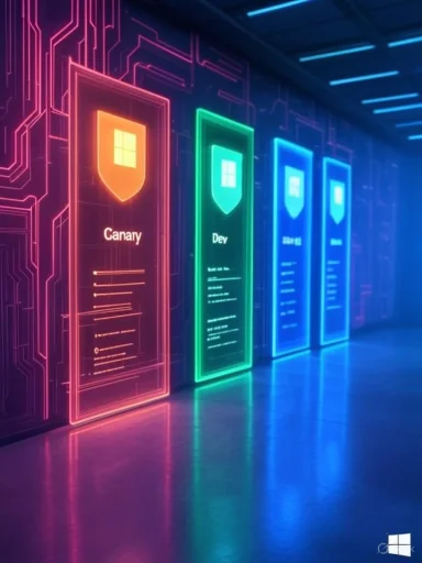 A futuristic hallway with neon-lit shield panels glowing pink, green, and blue.