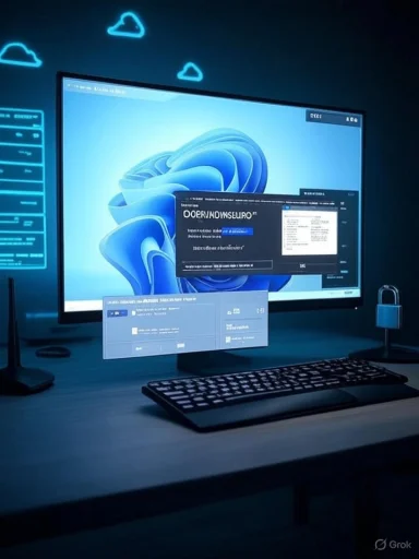 Blue-lit computer desk with a large monitor, floating windows, and neon cloud icons on the wall.