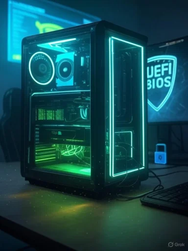 Neon-lit gaming PC with a glass side panel and glowing RGB LEDs.
