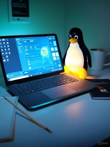 Laptop on a desk with a small, illuminated penguin plush beside it.