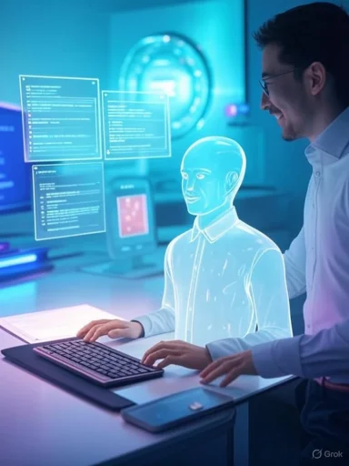 A man in a high-tech lab types at a keyboard beside a glowing holographic avatar. A man in a high-tech lab types at a keyboard beside a glowing holographic avatar.