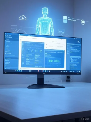 Curved monitor on desk displays dashboards while a blue holographic figure looms in the background.