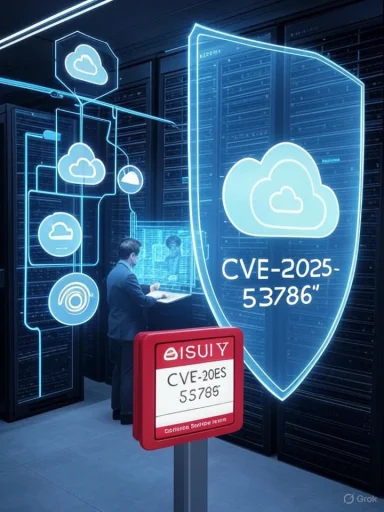 A futuristic data center bathed in neon blue with cloud icons and a glowing shield labeled CVE-2025-53786.
