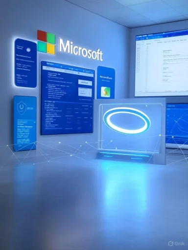Microsoft branding in a futuristic display room with glowing blue holographic screens.