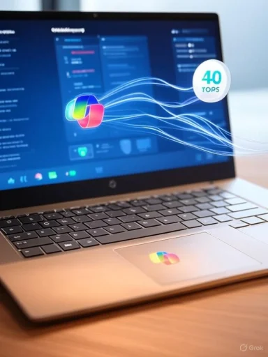A laptop displays a holographic “40 TOPS” badge with flowing light-trail graphics.