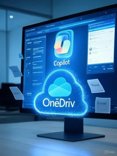 A computer monitor displays a glowing cloud graphic labeled OneDrive and Copilot.