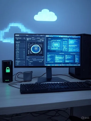 A dual-monitor setup with a cloud projection on the wall and a locked device beside the PC.