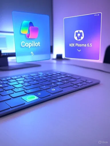 Holographic app icons labeled Copilot and KDE Plasma 6.5 float above a computer keyboard.