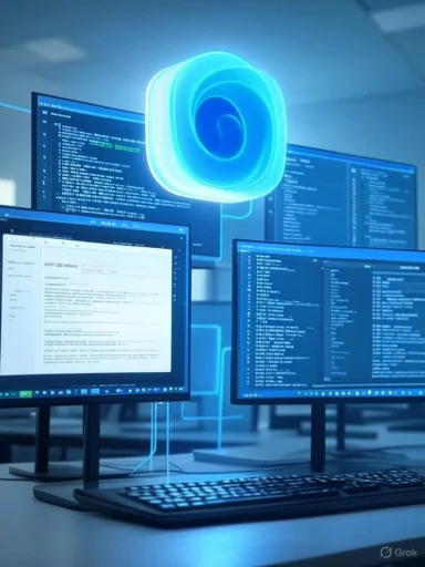 A glowing blue cloud logo hovers above multiple monitors displaying code.